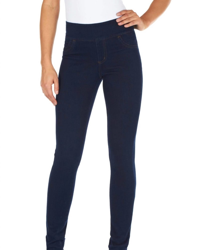 Front of a model wearing a size 16 Love Pull-On Slim Ankle Jegging In Indigo in Indigo by FDJ. | dia_product_style_image_id:359421